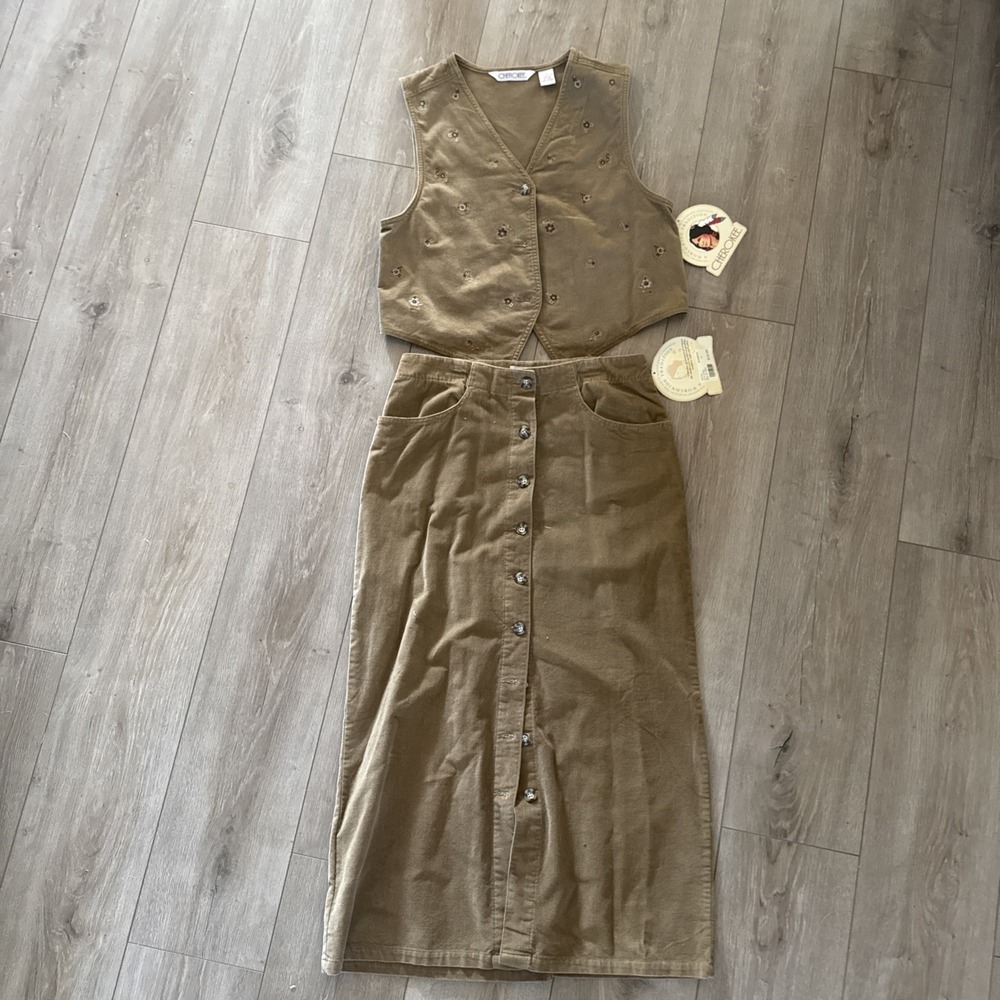 NWT Vintage Cherokee Velvet Vest Womens Size M Brown & Skirt Size 12 Y2K